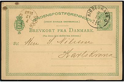 5 øre Våben helsagsbrevkort annulleret lapidar Kiøbenhavn G. (= Gammelholms Postekspedition) d. 7.12.1885 til Karlskrona, Sverige.