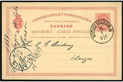10 øre Våben helsagsbrevkort annulleret med lapidar Kiøbenhavn G (= Gammelholms Postekspedition) d. 16.7.1889 til Erlangen, Tyskland.