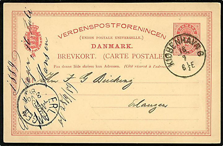 10 øre Våben helsagsbrevkort annulleret med lapidar Kiøbenhavn G (= Gammelholms Postekspedition) d. 16.7.1889 til Erlangen, Tyskland.