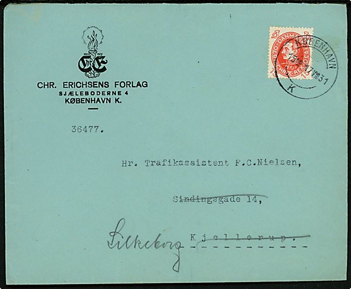 15 øre Chr. X 60 år på brev annulleret med brotype VIIId København K. d. 17.8.1931 til Kjellerup - eftersendt til Silkeborg.