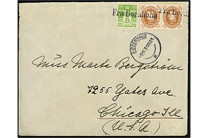 5 øre Bølgelinie og 10 øre Chr. X 60 år (par) på brev med indhold annulleret med skibsstempel Fra Bornholm og sidestemplet brotype VIIId d. 31.7.1931 til Chicago, USA.