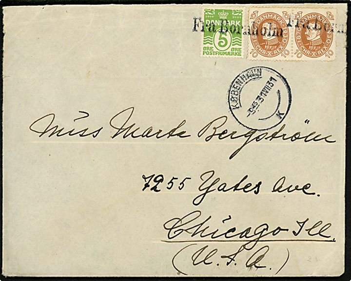 5 øre Bølgelinie og 10 øre Chr. X 60 år (par) på brev med indhold annulleret med skibsstempel Fra Bornholm og sidestemplet brotype VIIId d. 31.7.1931 til Chicago, USA.