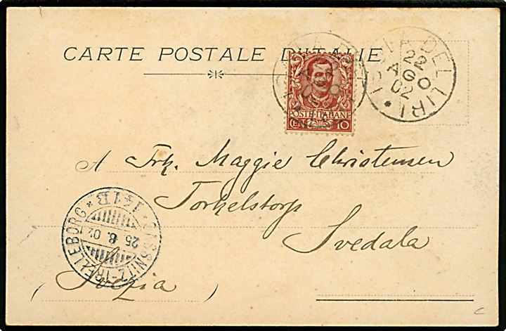 Italien, San Domenico med trækfærge over folden Liri. Stemplet Isola del Liri d. 22.8.1902 til Svedale, Sverige.
