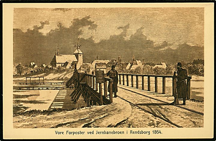 Krigen 1864. Vore Forposter ved Jernbanebroen i Rendsborg 1864 efter træsnit af Carl Bøgh og Carl Neumann. Stenders no. 20966.