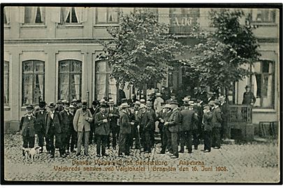 Aabenraa, danske valgmænd fra Sønderborg og Aabenraa ved valglokalet i Graasten d. 16.6.1908. C. C.Biehl u/no. Kortet anvendt 1911.