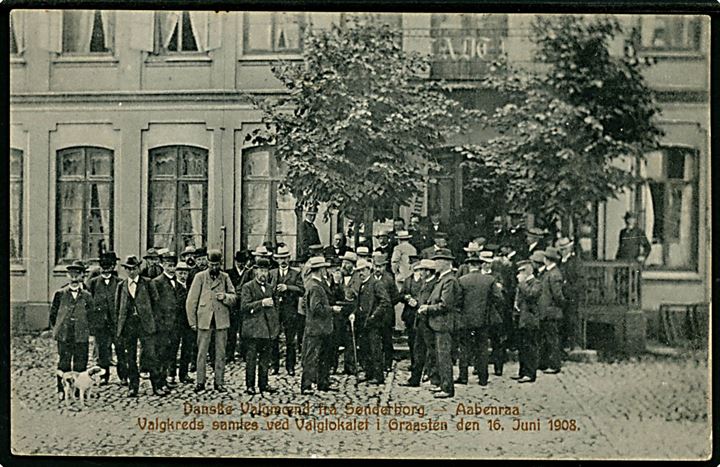 Aabenraa, danske valgmænd fra Sønderborg og Aabenraa ved valglokalet i Graasten d. 16.6.1908. C. C.Biehl u/no. Kortet anvendt 1911.