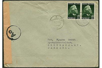 20 øre porto på brev fra Sem, Norge, d. 14.4.1944 til Brønderslev. Norsk censur.