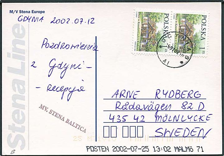 Polsk 1 zl. (2) på brevkort (M/S Stena Europa) stemplet Gdynia d. 12.7.2002 til Mölnlycke, Sverige. Privat skibsstempel: MV. Stena Baltica.