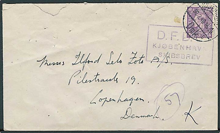 Engelsk 3d George VI på brev annulleret med dansk stempel København d. 20.2.1946 og sidestemplet D.F.D.S. Kjøbenhavn Skibsbrev til København.
