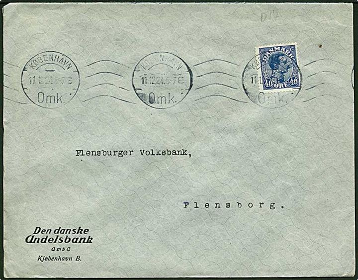 40 øre blå Chr. X. på brev fra København d. 11.12.1924 til Flensborg. Mærket med perfin D17 - Den Danske Andelsbank.