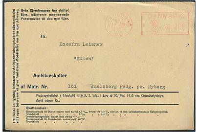 6 øre Posthus-franko SVENDBORG OD. d. 14.6.1947 på tryksag til Juelsberg Hovedgård pr. Nyborg. Sjælden franko-kliche benyttet ved Odense postkontor på post indkommet fra Svendborg af hensyn til eventuel lokalporto-forsendelser. 