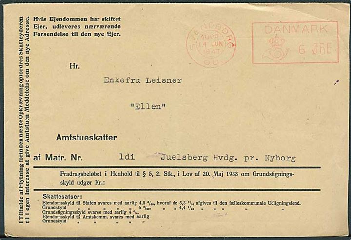 6 øre Posthus-franko SVENDBORG OD. d. 14.6.1947 på tryksag til Juelsberg Hovedgård pr. Nyborg. Sjælden franko-kliche benyttet ved Odense postkontor på post indkommet fra Svendborg af hensyn til eventuel lokalporto-forsendelser. 