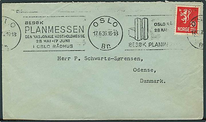 20 øre Løve på brev annulleret med TMS Besøk Planmessen.../Oslo d. 17.6.1936 til Odense, Danmark.
