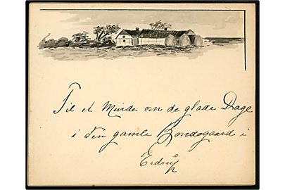 Håndtegnet kartonkort med landejendom dateret d. 17.11.1896.