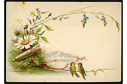 Kartonkort med blomster og fugle dateret 1888. U/no. (7x11cm.)