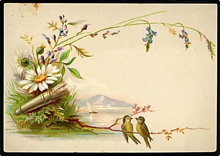 Kartonkort med blomster og fugle dateret 1888. U/no. (7x11cm.)