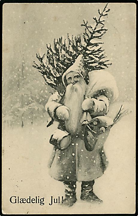 Ludvig Møgelgaard. Julemand kommer med juletræ og pakker. A. Vincent serie no. 83/3.