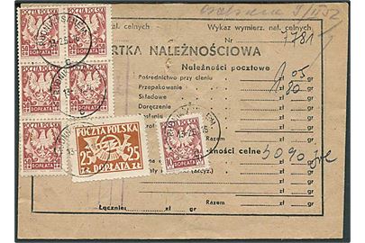 10 gr., 50 gr. (5) og 25 zl. stemplet Rudnik d. 13.2.1952 på bagsiden af adressekort for pakke fra Gdynia d. 5.2.1952.