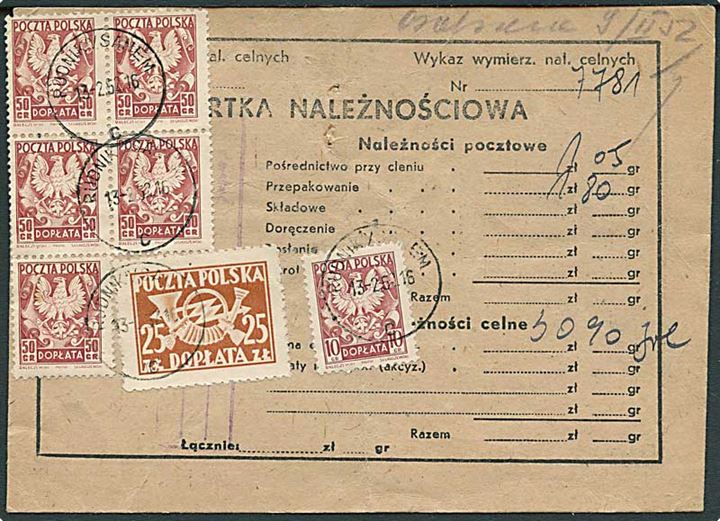 10 gr., 50 gr. (5) og 25 zl. stemplet Rudnik d. 13.2.1952 på bagsiden af adressekort for pakke fra Gdynia d. 5.2.1952.