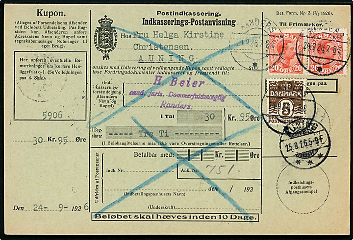 5 øre Bølgelinie og 20 øre Chr. X i parstykke på retur Postindkassering fra Randers d. 24.9.1926 til Auning.
