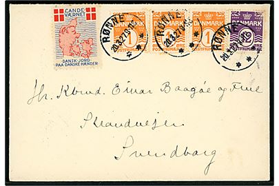 1 øre (3) og 12 øre Bølgelinie, samt Landeværnet-mærkat, på brev fra Rønne d. 20.3.1927 til Svendborg.