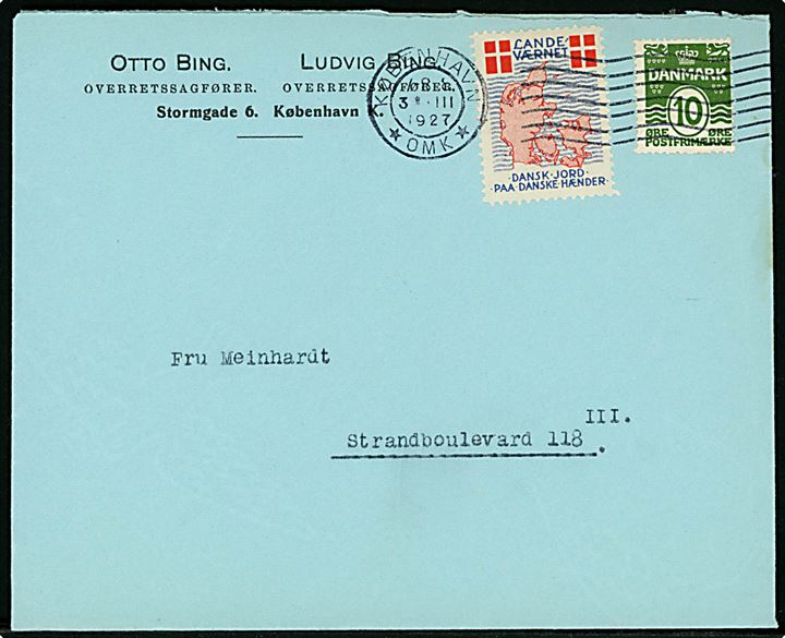 10 øre Bølgelinie og Landeværnet-mærkat på lokalbrev i København d. 31.3.1927.