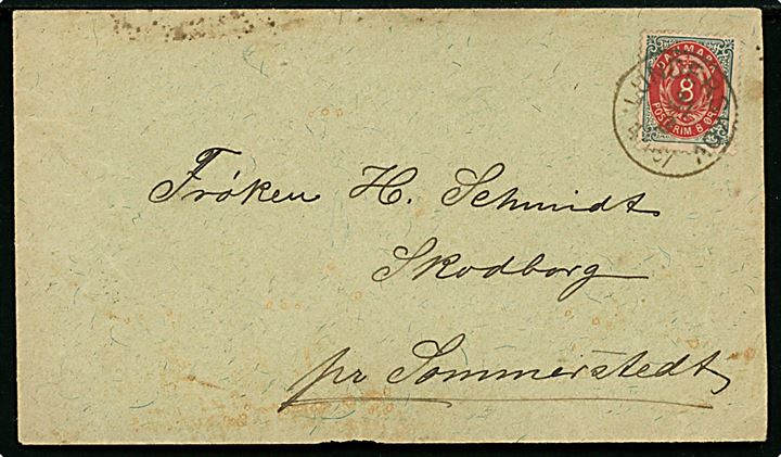 8 øre Tofarvet på GRÆNSEPORTO frankeret brev annulleret med lapidar Lunderskov d. 31.3.1891 til Skodborg pr. Sommerstedt i Nordslesvig. På bagsiden ank.stemplet Schottburg ** d. 1.4.1891