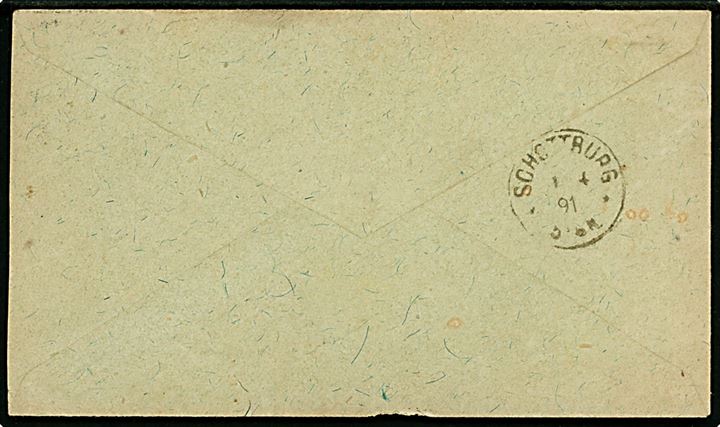 8 øre Tofarvet på GRÆNSEPORTO frankeret brev annulleret med lapidar Lunderskov d. 31.3.1891 til Skodborg pr. Sommerstedt i Nordslesvig. På bagsiden ank.stemplet Schottburg ** d. 1.4.1891