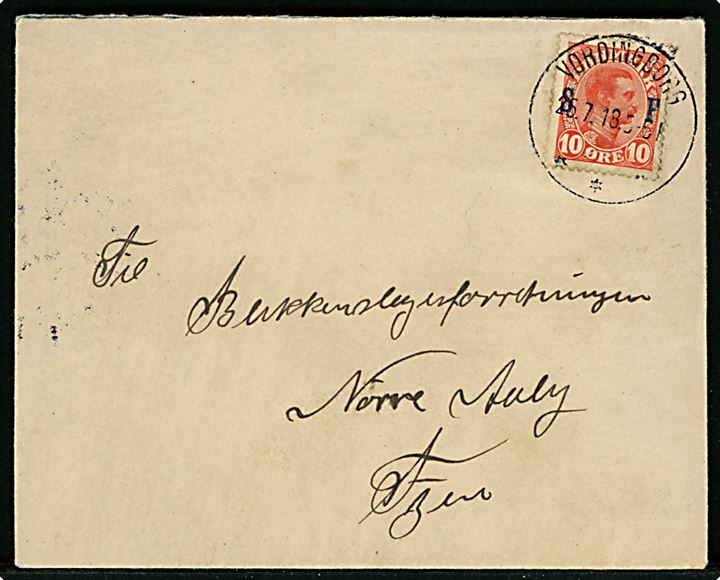 10 øre Soldaterfrimærke på brev fra menig ved 19. Batl. 1 Kmp. i Vordingborg d. 26.7.1918 til Nørre Aaby. 