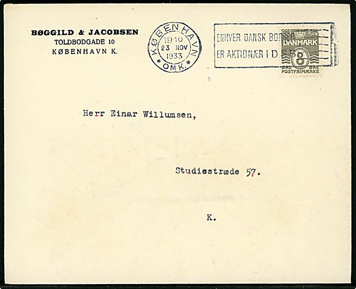 8 øre Bølgelinie tysk papir single på lokal forretningspapirer (ikke noteret) i København d. 23.11.1933.