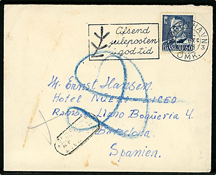 60 øre Fr. IX på brev fra København d. 18.12.1953 til Barcelona, Spanien. På bagsiden Jul i Sydslesvig Julemærke 1953. Returneret med flere stempler.