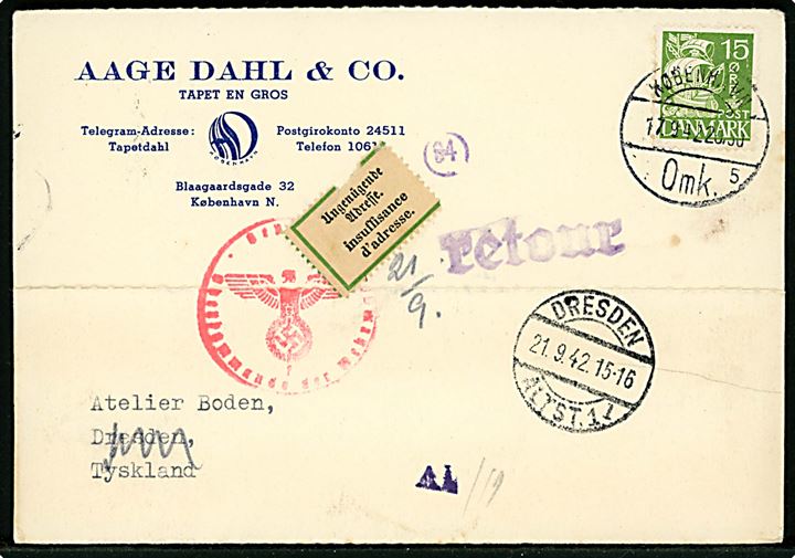 15 øre Karavel på brevkort fra København d. 17.9.1942 til Dresden, Tyskland. Retur med 2-sproget etiket Ungenügende Adresse. Censureret i Hamburg.