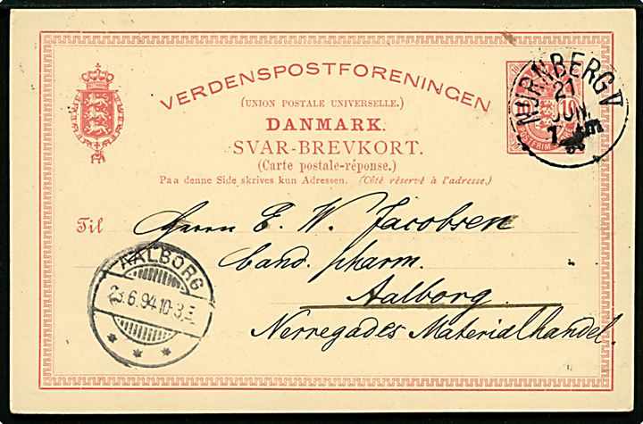 10 øre Våben svardel af dobbelt helsagsbrevkort annulleret med tysk stempel i Nürnberg d. 21.6.1894 til Aalborg.