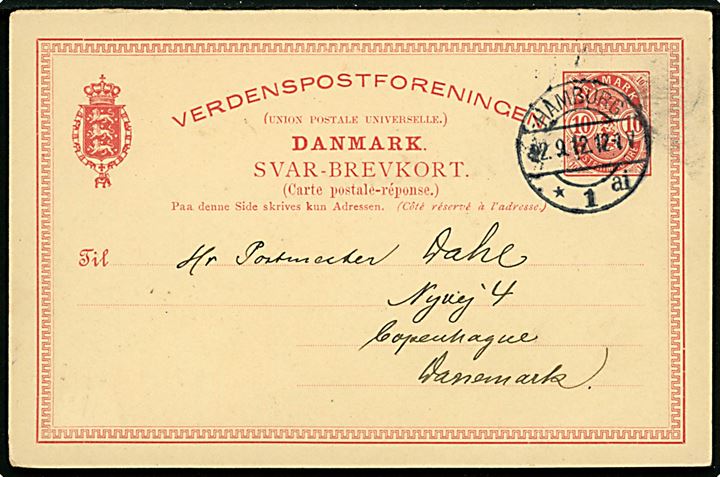 10 øre Våben svardel af dobbelt helsagsbrevkort annulleret med tysk stempel i Hamburg d. 22.9.1912 til København, Danmark. Sen anvendelse. 