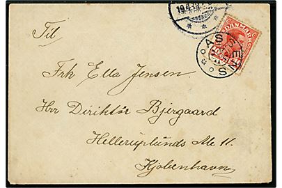 10 øre Chr. X på brev annulleret med stjernestempel ASSENS og sidestemplet med yderligt placeret stempel fra Mariager d. 19.4.1919 til København.