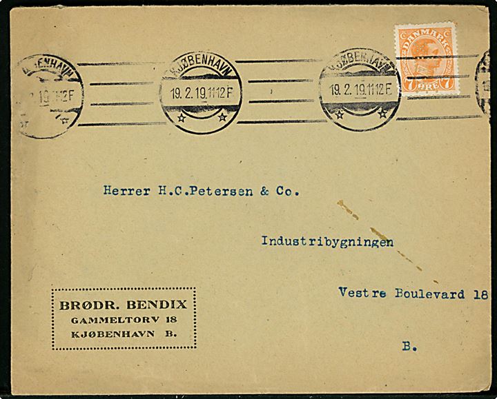 7 øre Chr. X med perfin BrBx på firmakuvert fra Brødr. Bendix sendt lokalt i Kjøbenhavn d. 19.2.1919.