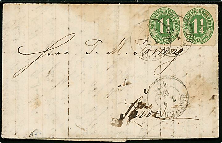 Herzogth. Schleswig 1 1/4 Sch. stukken kant i parstykke på brev annulleret med 2-ringsstempel Tondern d. 7.4.1865 via Ribe d. 8.4.1865 til Skive, Danmark.