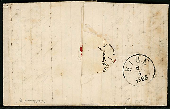 Herzogth. Schleswig 1 1/4 Sch. stukken kant i parstykke på brev annulleret med 2-ringsstempel Tondern d. 7.4.1865 via Ribe d. 8.4.1865 til Skive, Danmark.