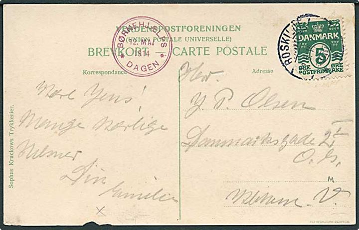 5 øre Bølgelinie stemplet Roskilde d. 12.5.1914 på flyvningsbrevkort til København. Rødt stempel: Børnehjælpsdagen 12. Maj 19144. Mindre skade i postkort.