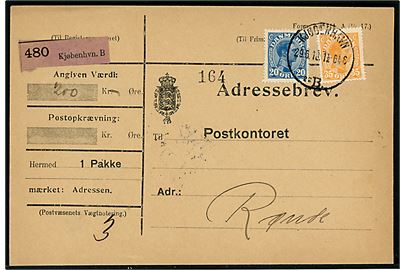 20 øre og 35 øre Chr. X på adressebrev for værdipakke fra Kjøbenhavn B. d. 29.6.1918 til Rønde.