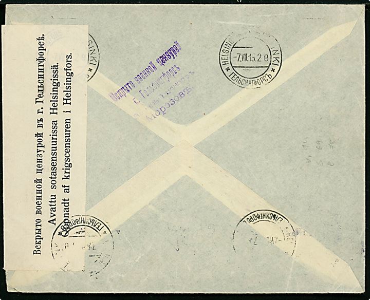 10 øre Chr. X i parstykke på brev fra Kjøbenhavn d. 30.6.1915 til Helsingfors, Finland. Åbnet af russisk censur i Helsingfors.