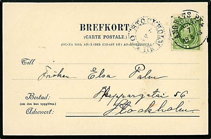 5 öre Oscar II på brevkort (Tynnelsö Slott) annulleret med dampskibsstempel Ångbåts PXP No. 34 d. 7.5.1903 til Stockholm. Stempel benyttet ombord på S/S Tynnelsö på ruten Stockholm-Strängnäs-Tynnelsö, Mälaren.