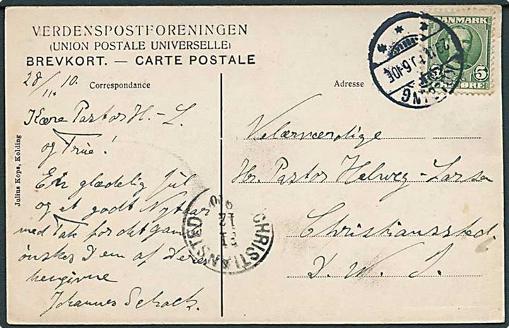 5 øre Fr. VIII på brevkort (Pavillonen ved Løveodde) stemplet Kolding d. 29.11.1910 til Christiansted, Dansk Vestindien. Ank.stemplet Christiansted d. 31.12.1910.