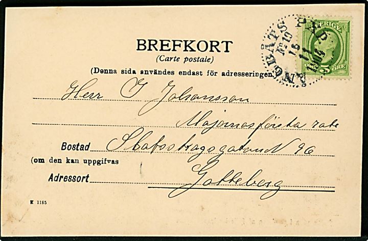 5 öre Oscar II på brevkort (Indvielse af Helleviksstrands kirke) annulleret med dampskibsstempel Ångbåts PXP No. 19 d. 15.11.1904 til Göteborg. Stempel benyttet ombord på S/S Albrektsund 2 på ruter fra Göteborg til Mellemste Bohus Län.