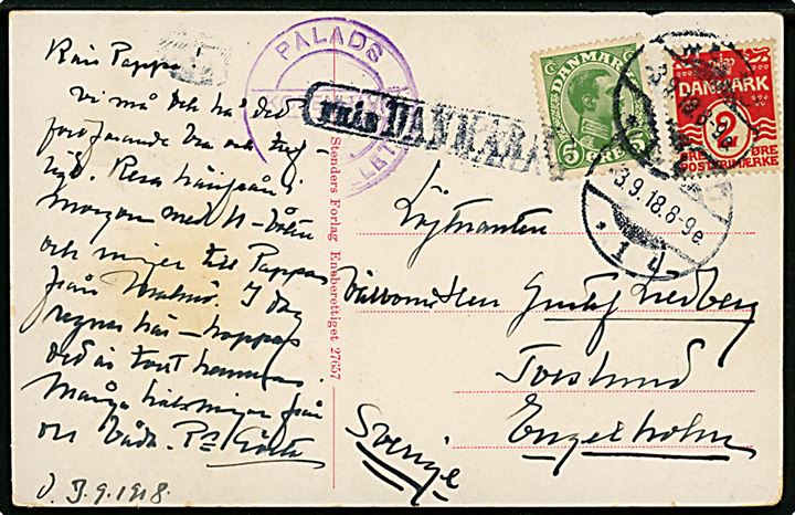 2 øre  Bølgelinie og 5 øre Chr. X på brevkort fra København annulleret med svensk stempel i Malmö d. 3.9.1918 og sidestemplet Från Danmark til Engelholm, Sverige.