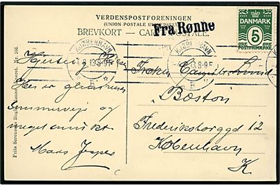 5 øre Bølgelinie på brevkort annulleret Kjøbenhavn d. 4.8.1913 og sidestemplet Fra Rønne til København.