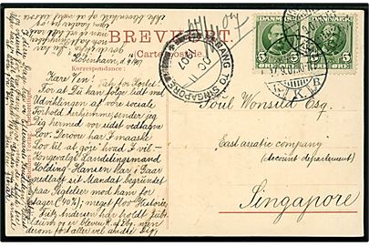 5 øre Fr. VIII i parstykke på brevkort (Loven om uægte Børn) fra Kjøbenhavn d. 17.9.1907 til ØK-kontor i Singapore. Transit stemplet Penang to Singapore d. 11.10.1907.