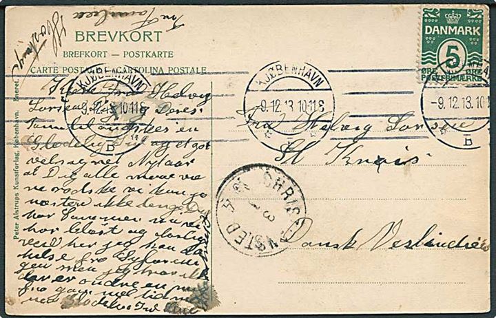 5 øre Bølgelinie på brevkort (Flagsmykket Graabrødretorv) fra Kjøbenhavn d. 99.12.1913 til Christiansted, Dansk Vestindien. Ank.stemplet Christiansted d. 3.1.1914.