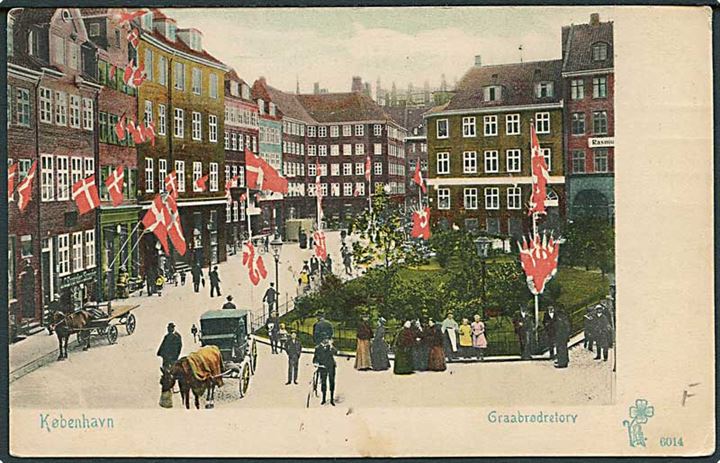 5 øre Bølgelinie på brevkort (Flagsmykket Graabrødretorv) fra Kjøbenhavn d. 99.12.1913 til Christiansted, Dansk Vestindien. Ank.stemplet Christiansted d. 3.1.1914.