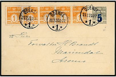 5/3 øre provisorisk helsagsbrevkort (fabr. 44-H) opfrankeret med 1 øre Bølgelinie (5) fra Odense 1. d. 23.2.1920 til Mariendal pr. Assens. 